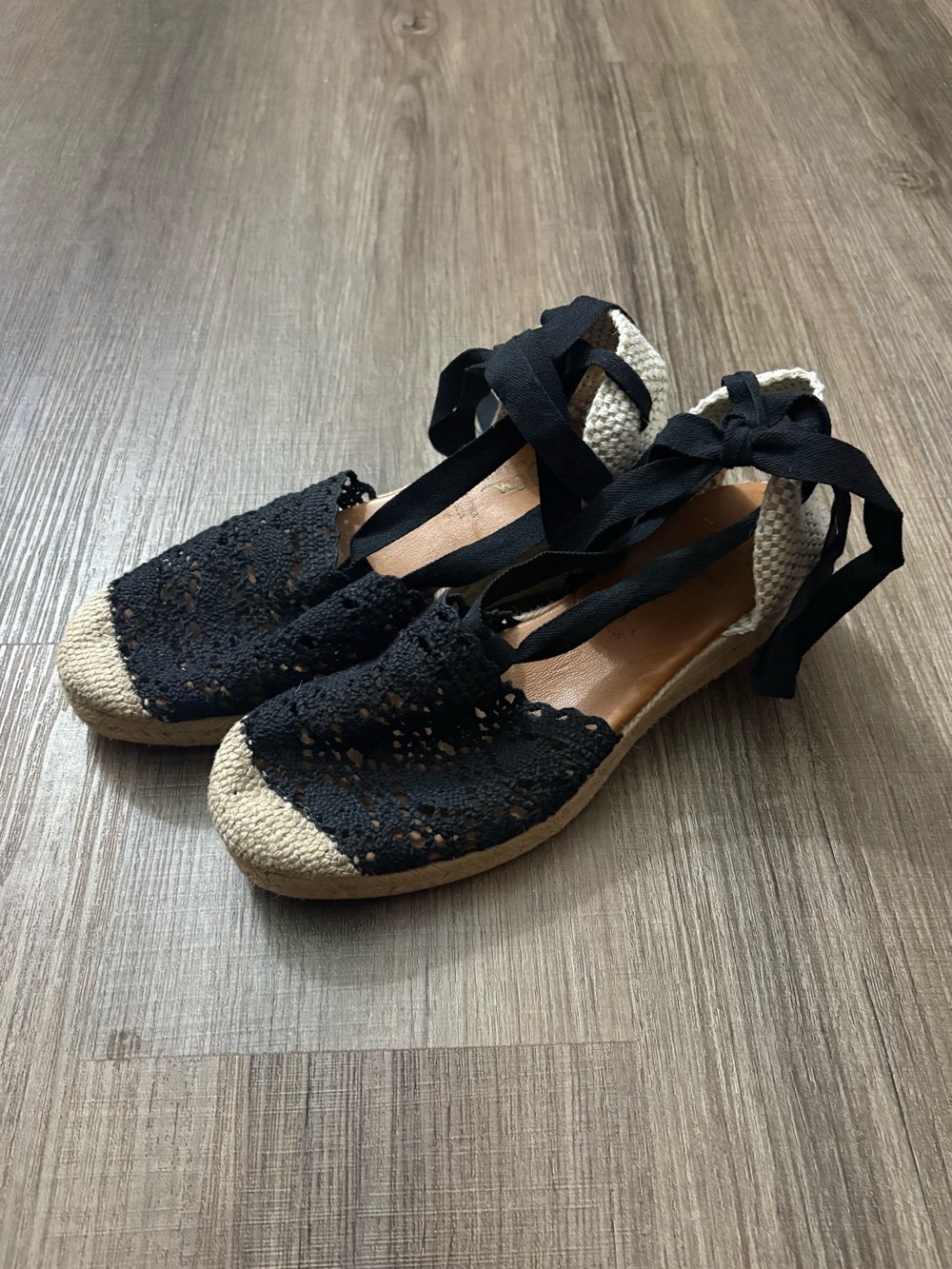 Black Lace Espadrille Wedges with Ankle Tie